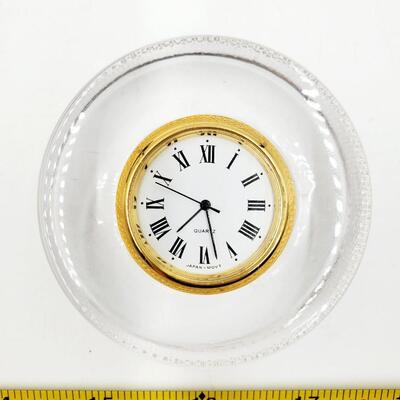 HOCKEY PUCK CRYSTAL CLOCK WITH HOCKEY STICK STAND AND WOODEN BASE