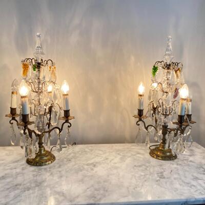 Stunning Antique PAIR LAMPS Girandoles CRYSTAL FRUIT Clusters PRISM French Baccarat Style