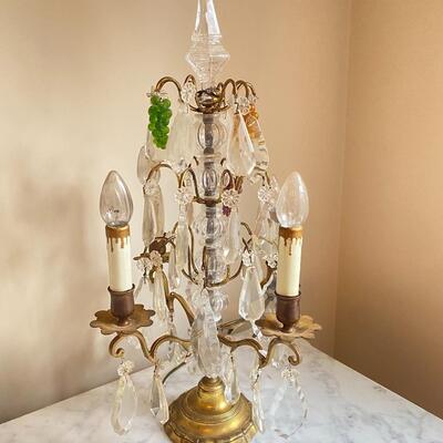Stunning Antique PAIR LAMPS Girandoles CRYSTAL FRUIT Clusters PRISM French Baccarat Style