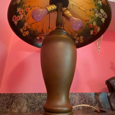 Antique Jefferson 1884 Jefferson Hollyhock Reverse Painted Shade & Lamp (damage)