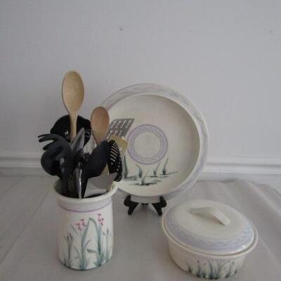 Handmade Pottery Kitchenware- Covered Baker, Plate, and Utensil Holder