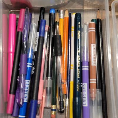 Lot 100: Markers, Pencils, Pens ,Scissors, Glue in a Small Plastic 5 Drawer Organizer 