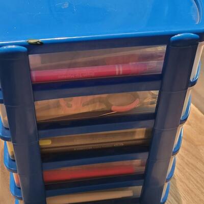 Lot 100: Markers, Pencils, Pens ,Scissors, Glue in a Small Plastic 5 Drawer Organizer 