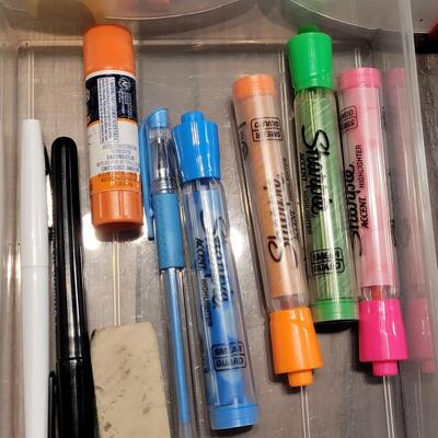 Lot 100: Markers, Pencils, Pens ,Scissors, Glue in a Small Plastic 5 Drawer Organizer 