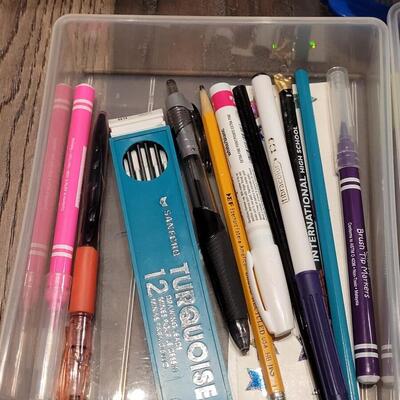 Lot 100: Markers, Pencils, Pens ,Scissors, Glue in a Small Plastic 5 Drawer Organizer 