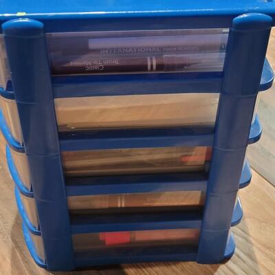 Lot 100: Markers, Pencils, Pens ,Scissors, Glue in a Small Plastic 5 Drawer Organizer 