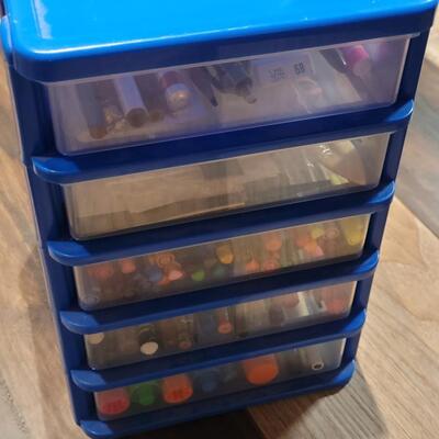 Lot 100: Markers, Pencils, Pens ,Scissors, Glue in a Small Plastic 5 Drawer Organizer 