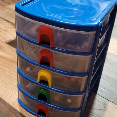 Lot 100: Markers, Pencils, Pens ,Scissors, Glue in a Small Plastic 5 Drawer Organizer 