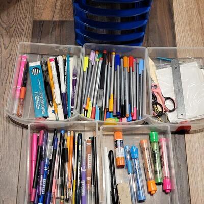 Lot 100: Markers, Pencils, Pens ,Scissors, Glue in a Small Plastic 5 Drawer Organizer 