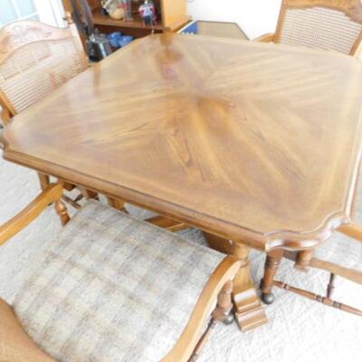 Vintage Solid Wood Table with Four Cane Back Chairs