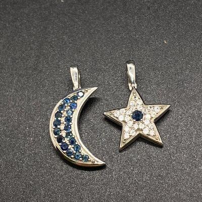 Sterling Silver CZ & Sapphire Moon and Star Pendant Enhancers Charms