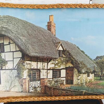 Vintage Wicker Framed Serving Tray English Cottage scene 