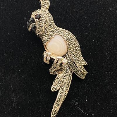 Vintage Sterling Silver Cockatoo Parrot Marcasite Moonstone Brooch Pin