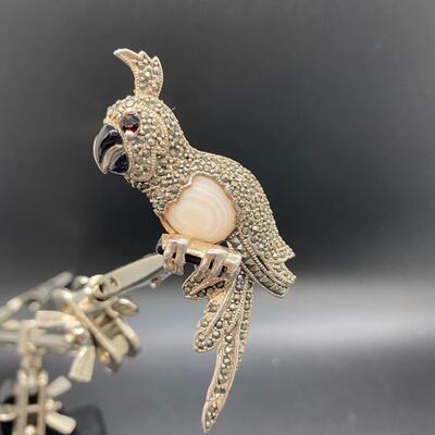 Vintage Sterling Silver Cockatoo Parrot Marcasite Moonstone Brooch Pin