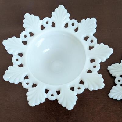 Pair Vintage Westmoreland White Milk Glass Rings and Petals Candle Holder / Candlesticks