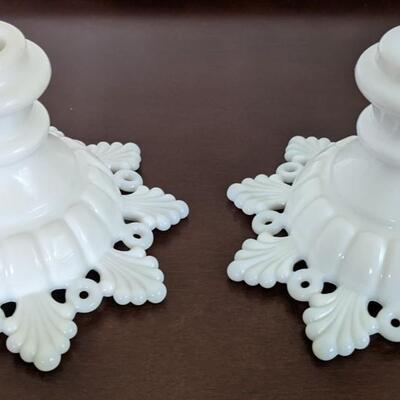 Pair Vintage Westmoreland White Milk Glass Rings and Petals Candle Holder / Candlesticks