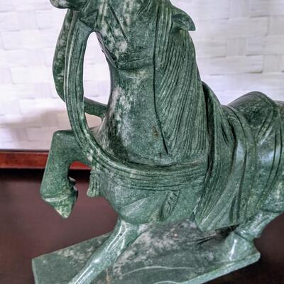 Vintage Chinese Soapstone Carved War Horse Statue Green Nice Details