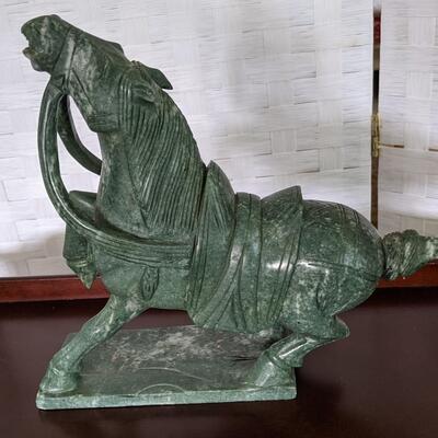 Vintage Chinese Soapstone Carved War Horse Statue Green Nice Details