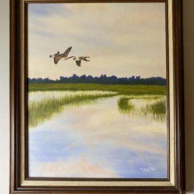 Vintage Oil On Canvas Geese Over Water Mary Hall