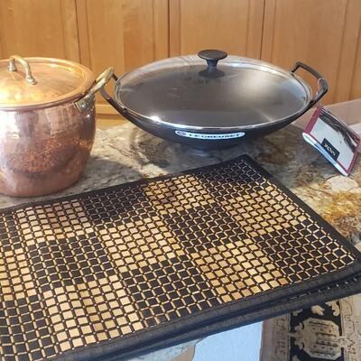 New Le Creuset Wok with Lid with Brass Ice Bucket and Table Mats
