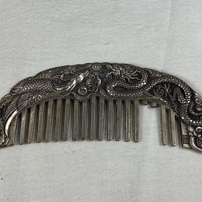 Vintage Metal Hair Comb Dragon and Crane