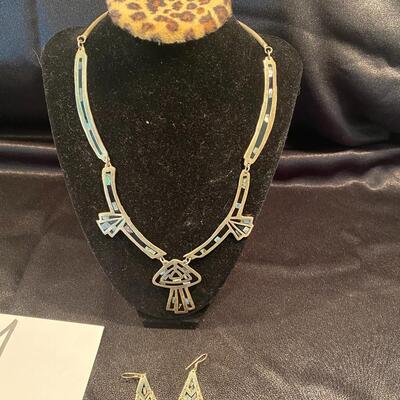 LOT 1  ALPACA SILVER NECKLACE & EARRINGS W/ABALONE ACCENTS