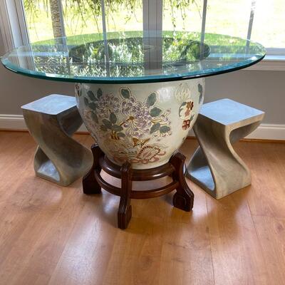 Chinese Round Porcelain Fish Bowl Style Dining Table With Glass Top