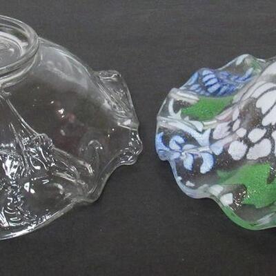 2 Bowls, One Clear With Iris Theme, One is Comtemporary Art Glass