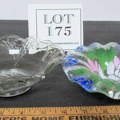 2 Bowls, One Clear With Iris Theme, One is Comtemporary Art Glass