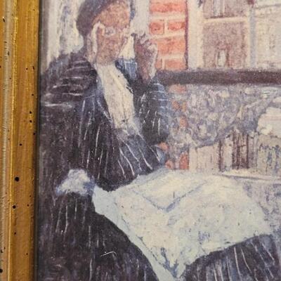 Lot 195: Vintage Framed Art Print of Woman Creating Needlepoint 