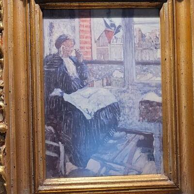 Lot 195: Vintage Framed Art Print of Woman Creating Needlepoint 