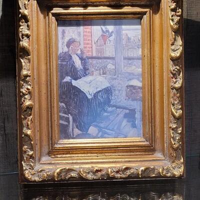 Lot 195: Vintage Framed Art Print of Woman Creating Needlepoint 