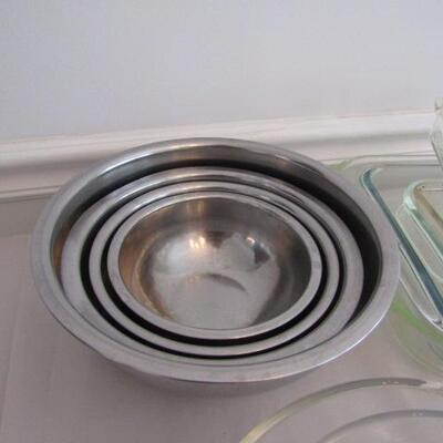 Assorted Bake Ware- Mixing Bowls, Glass Baking Dishes, Cookie Sheets, Metal Pans, Etc.