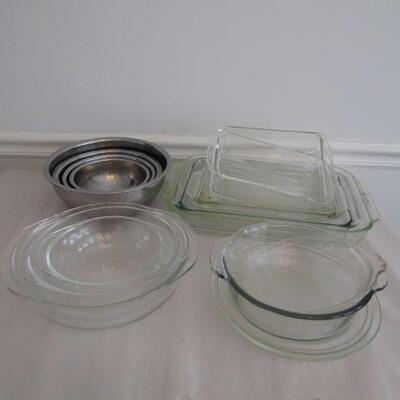 Assorted Bake Ware- Mixing Bowls, Glass Baking Dishes, Cookie Sheets, Metal Pans, Etc.