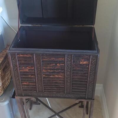 Asian Brown Storage Box on Metal Stand