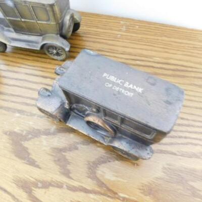 Set of Three 1920's Vintage Public Bank of Detroit Brass Jalopy Coin Banks 