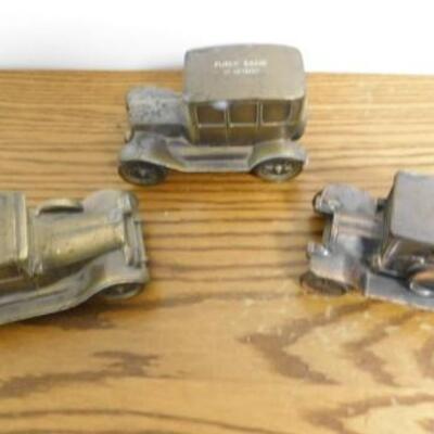 Set of Three 1920's Vintage Public Bank of Detroit Brass Jalopy Coin Banks 
