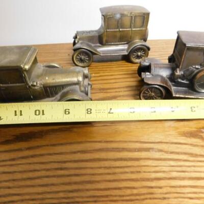 Set of Three 1920's Vintage Public Bank of Detroit Brass Jalopy Coin Banks 