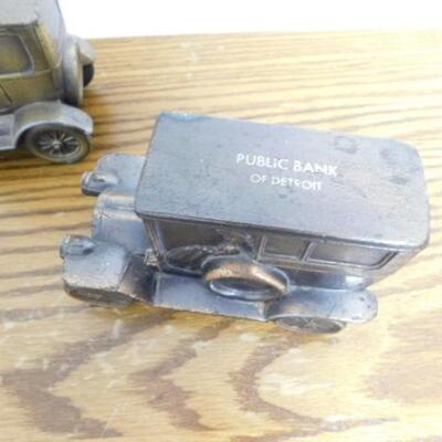 Set of Three 1920's Vintage Public Bank of Detroit Brass Jalopy Coin Banks 