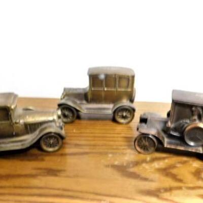Set of Three 1920's Vintage Public Bank of Detroit Brass Jalopy Coin Banks 