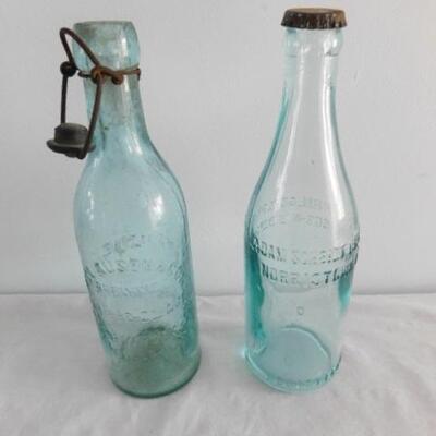Pair of Vintage Blue Glass Pennsylvania Beverage Bottles 