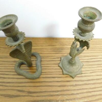 Pair of Brass Candle Holders Cobra and Peacock