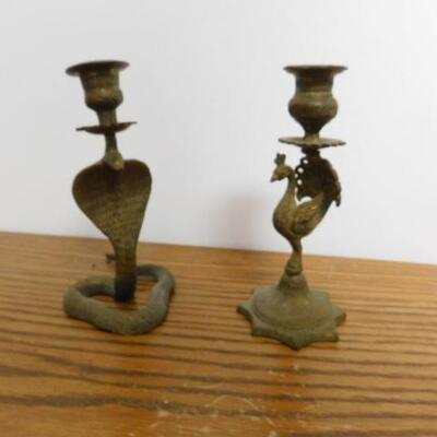 Pair of Brass Candle Holders Cobra and Peacock