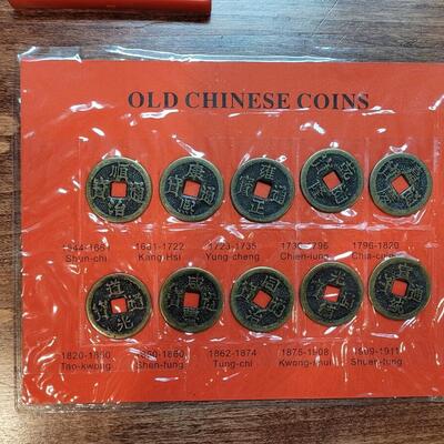 Lot 254: Lotus Candle Holder, Old Chinese Coins and Chinese Compass