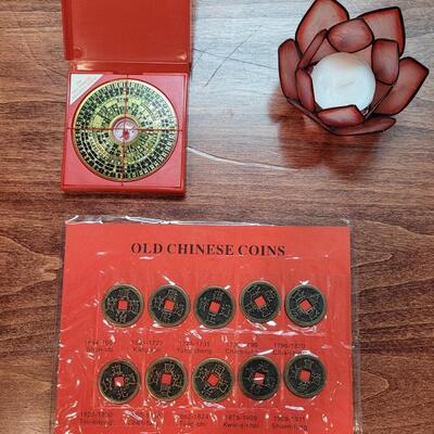 Lot 254: Lotus Candle Holder, Old Chinese Coins and Chinese Compass