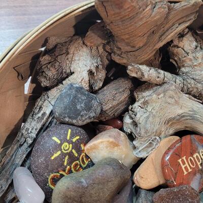 Lot 269: Basket Filled with Stones, Wood and Crystals