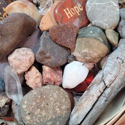 Lot 269: Basket Filled with Stones, Wood and Crystals