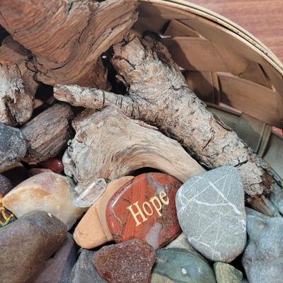 Lot 269: Basket Filled with Stones, Wood and Crystals