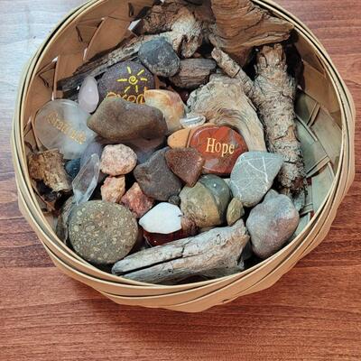 Lot 269: Basket Filled with Stones, Wood and Crystals