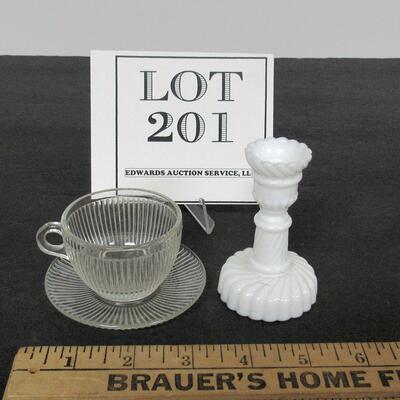 Vintage Child's French Milk Glass Candlestick and Homespun Cup and Saucer